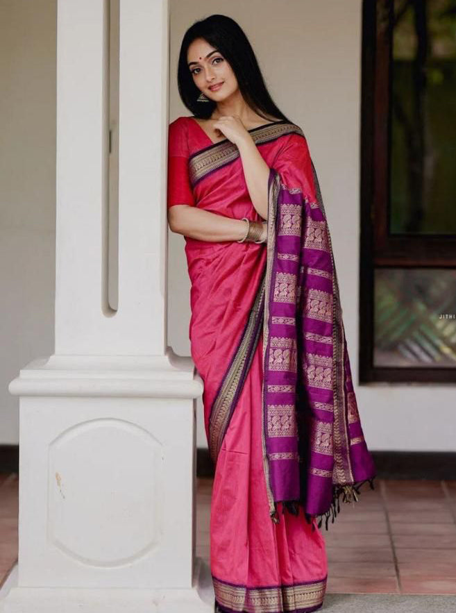 Vestigial Pink Soft Banarasi Silk Saree With Impressive Blouse Piece