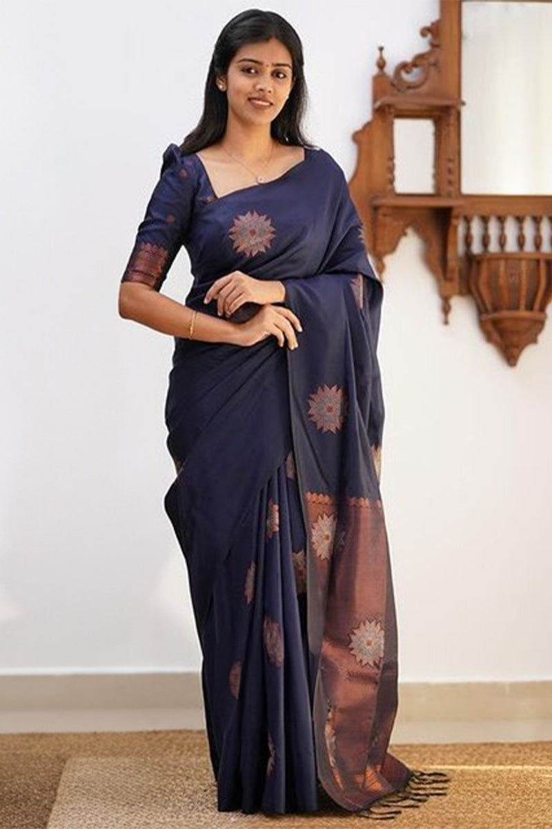 Vivacious Navy Blue Soft Silk Saree With Energetic Blouse Piece