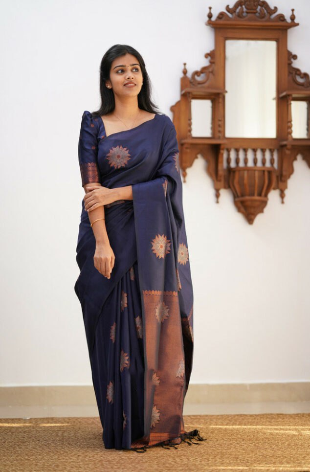 Vivacious Navy Blue Soft Silk Saree With Energetic Blouse Piece