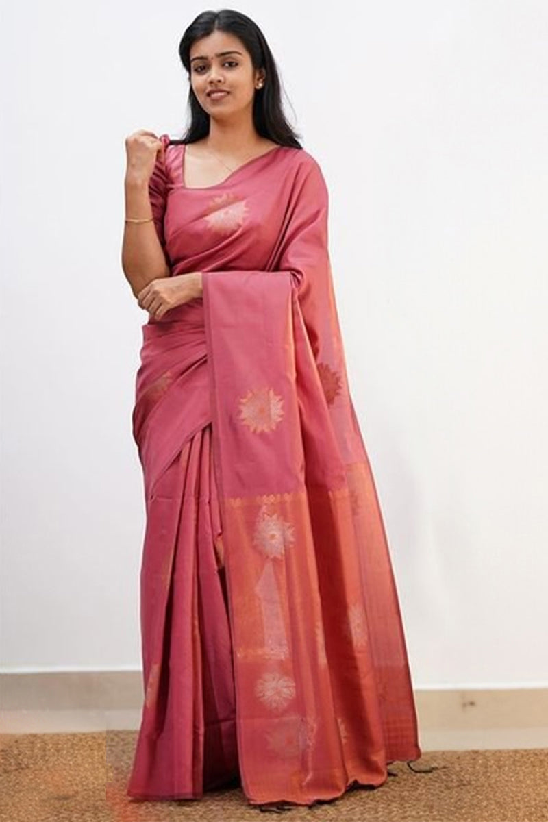 Majesty Pink Soft Silk Saree With Eloquence Blouse Piece