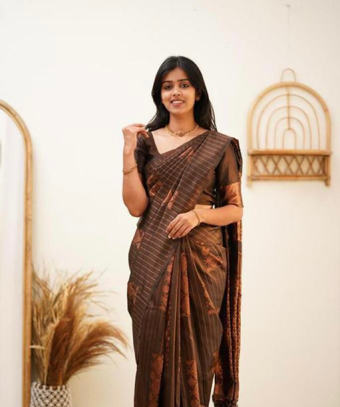 Effulgent Brown Soft Silk Saree With Opulent Blouse Piece