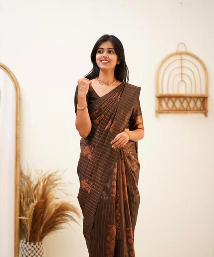 Effulgent Brown Soft Silk Saree With Opulent Blouse Piece