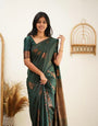 Eye-catching Dark Green Soft Silk Saree With Conflate Blouse Piece