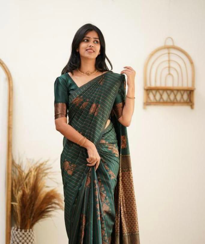 Eye-catching Dark Green Soft Silk Saree With Conflate Blouse Piece