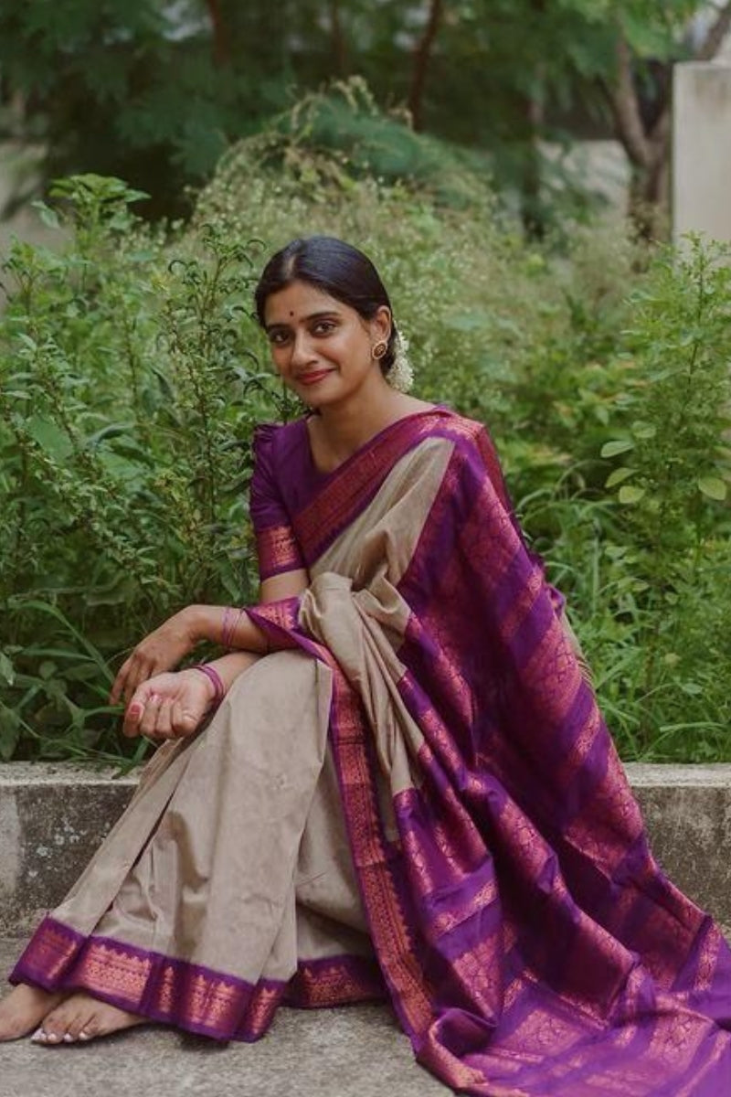 Elegant Beige Soft Silk Saree With Flamboyant Blouse Piece