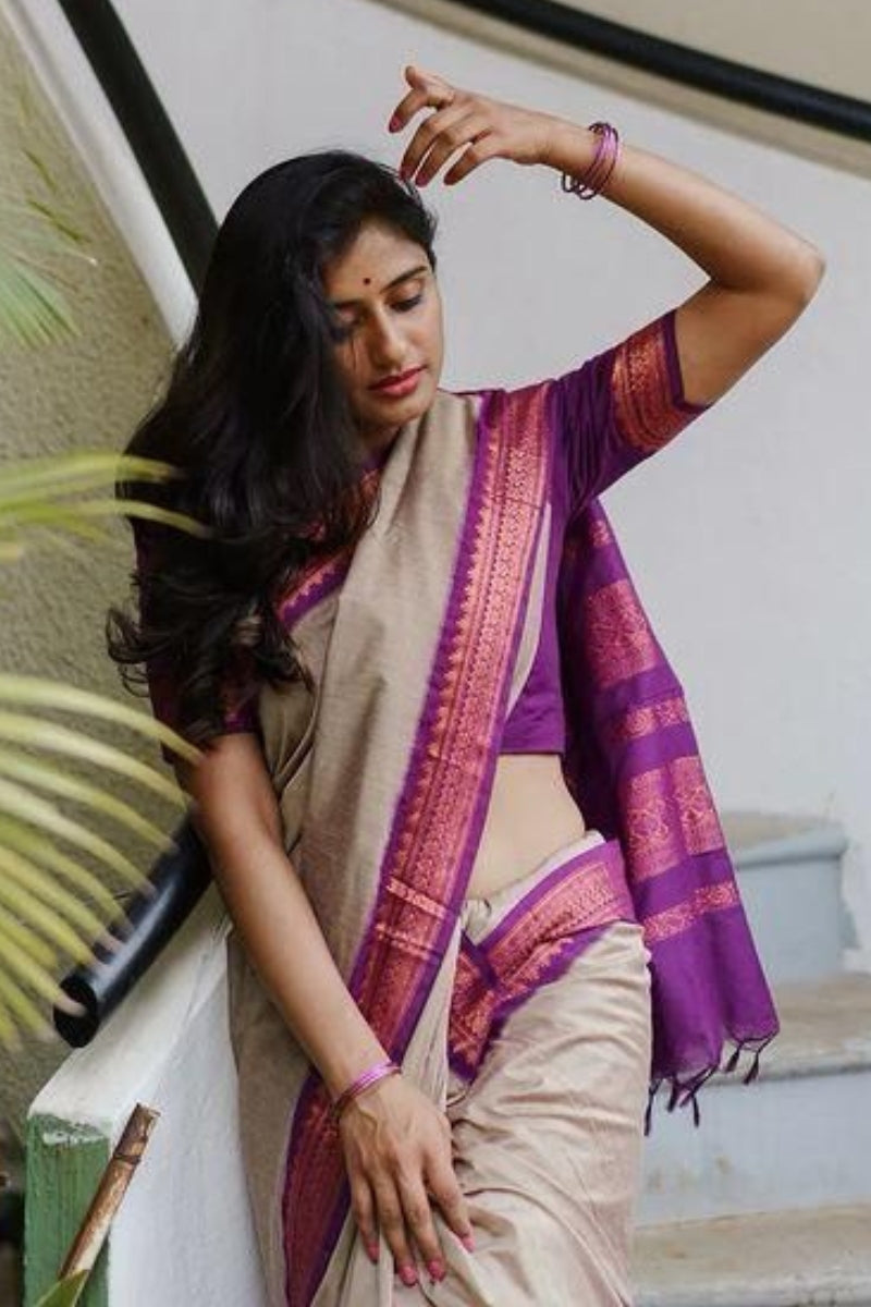 Elegant Beige Soft Silk Saree With Flamboyant Blouse Piece