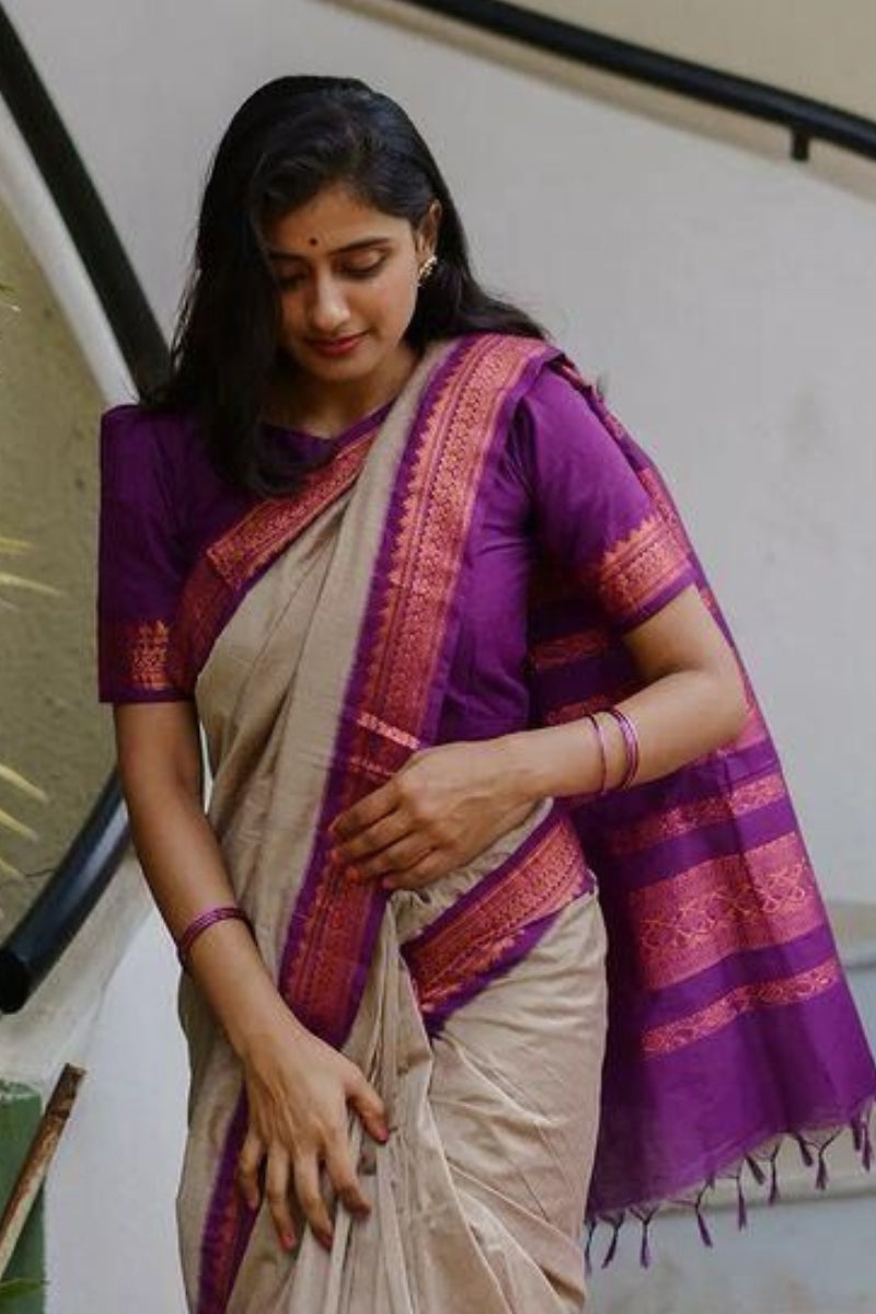 Elegant Beige Soft Silk Saree With Flamboyant Blouse Piece