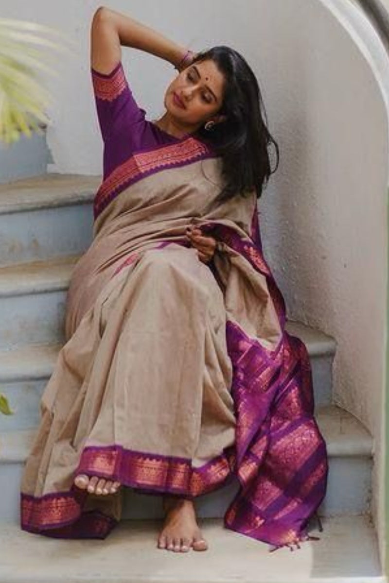 Elegant Beige Soft Silk Saree With Flamboyant Blouse Piece