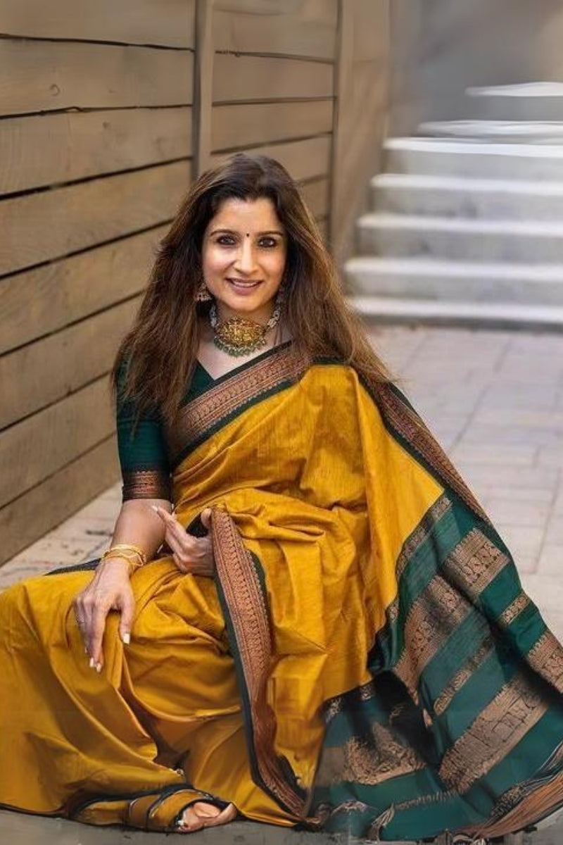 Preferable Mustard Soft Silk Saree With Attractive Blouse Piece