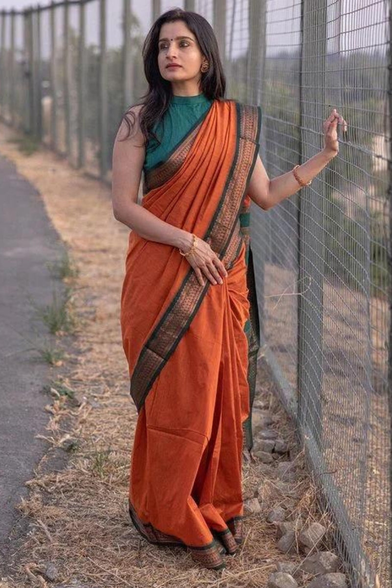 Elaborate Orange Soft Silk Saree With Most Blouse Piece