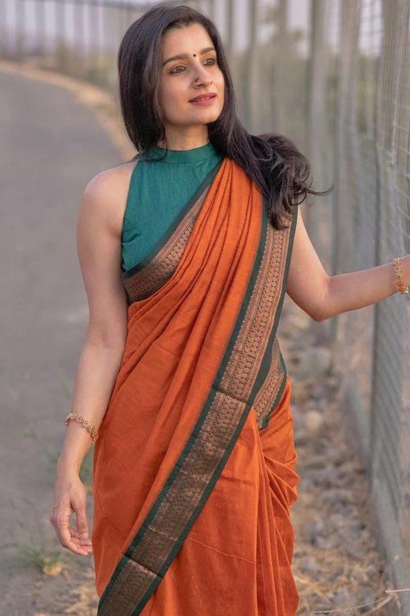 Elaborate Orange Soft Silk Saree With Most Blouse Piece