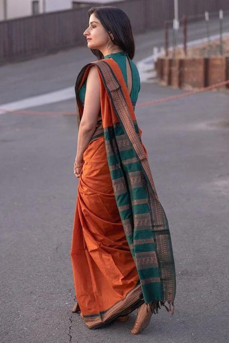 Elaborate Orange Soft Silk Saree With Most Blouse Piece