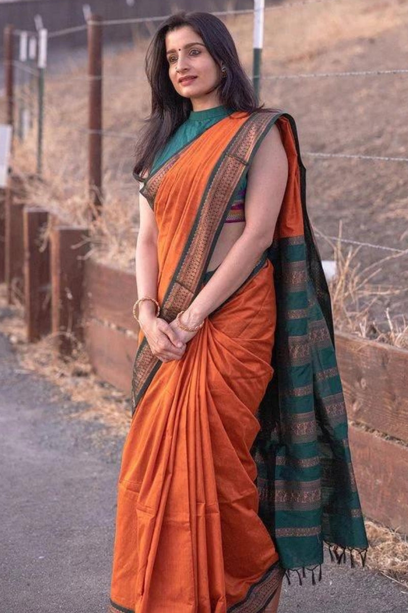 Elaborate Orange Soft Silk Saree With Most Blouse Piece