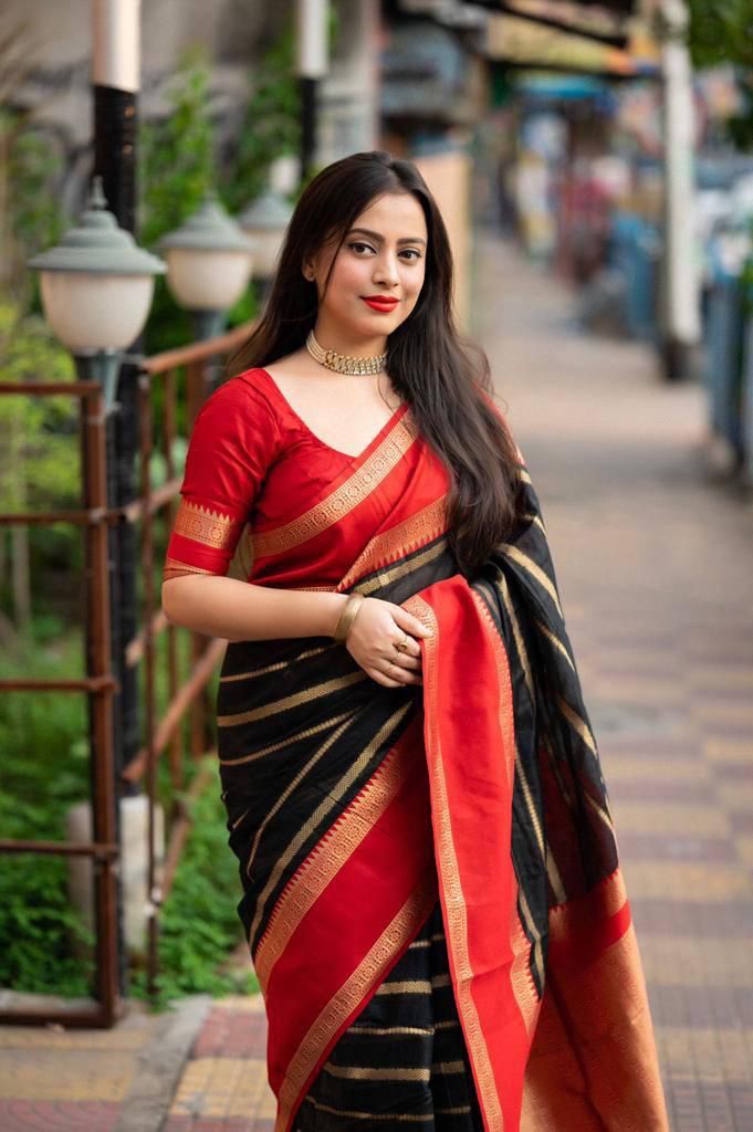 Beautiful Black Soft Silk Saree With Delightful Blouse Piece