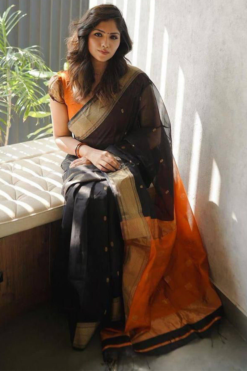 Glamorous Black Cotton Silk Saree With Quixotic Blouse Piece