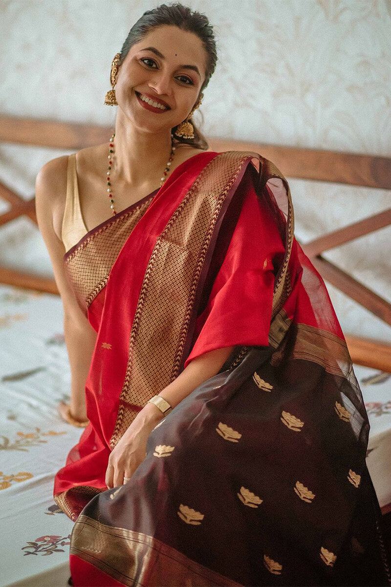 Sophisticated Red Cotton Silk Saree With Girlish Blouse Piece