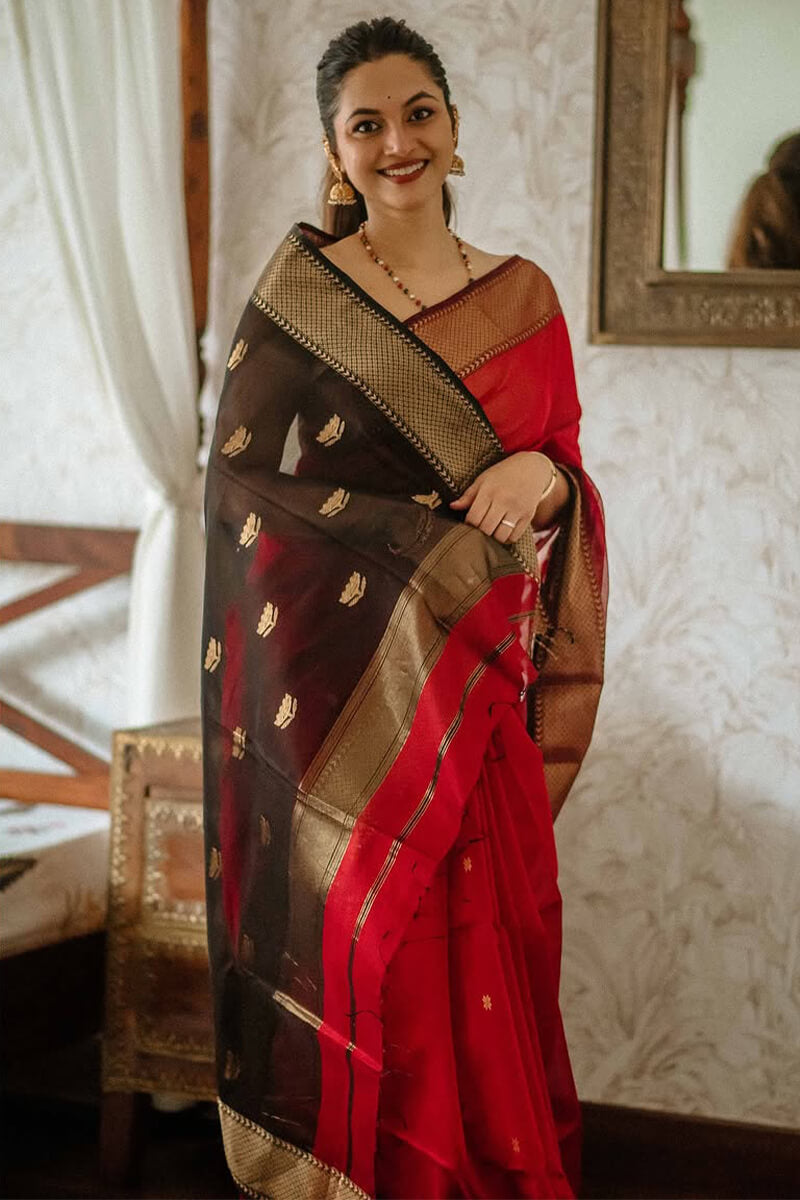 Sophisticated Red Cotton Silk Saree With Girlish Blouse Piece