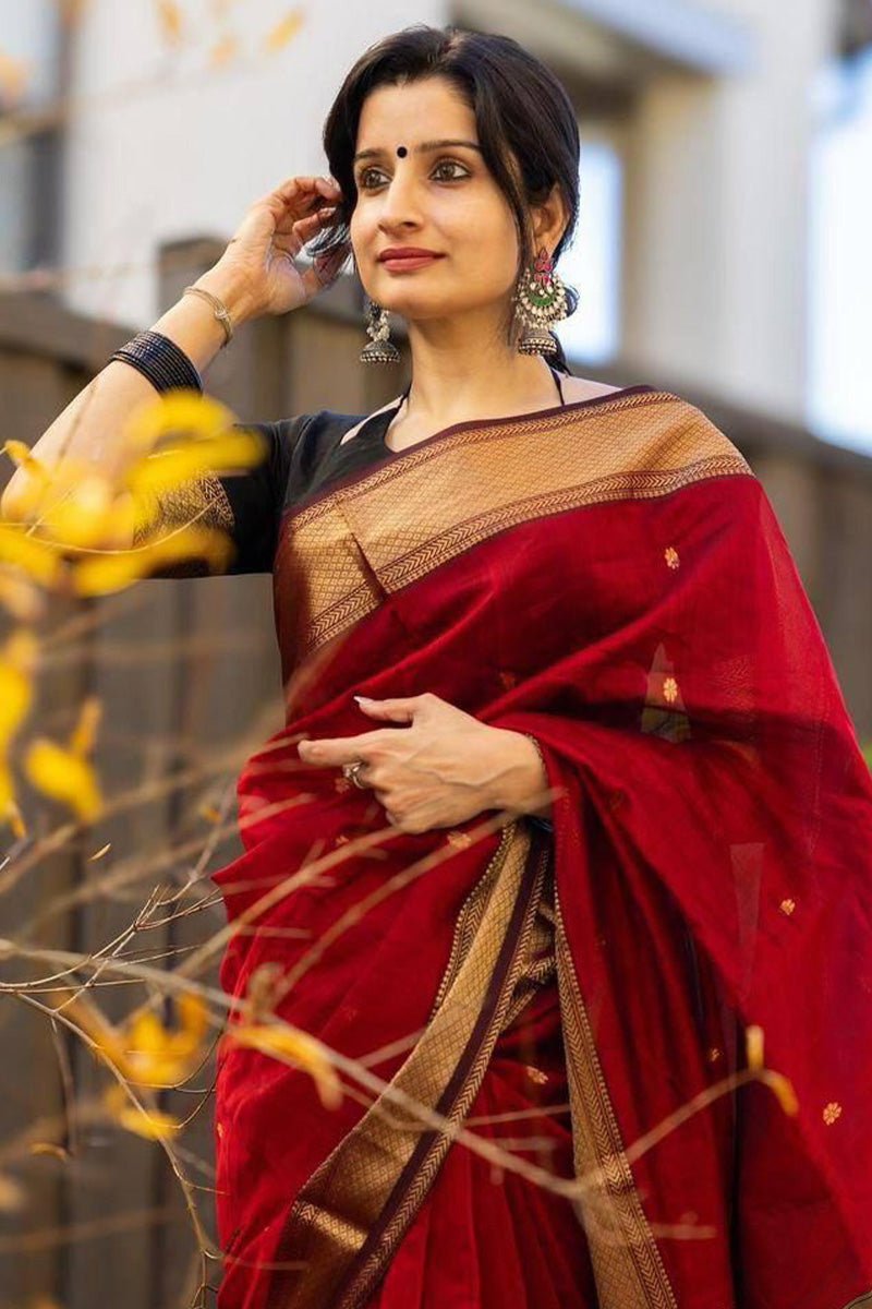 Fugacious Red Cotton Silk Saree With Charming Blouse Piece