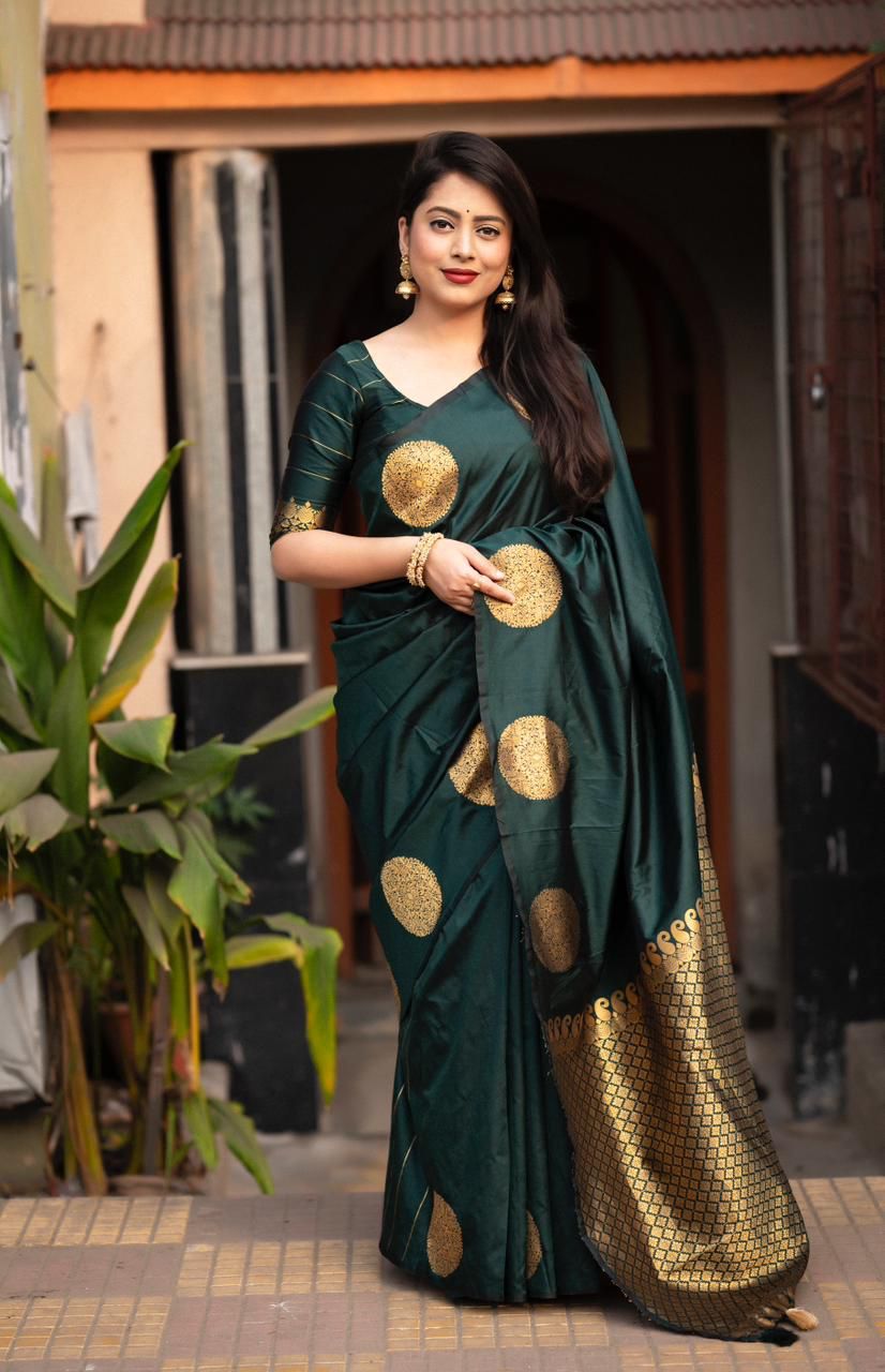 Most Dark Green Soft Silk Saree With Glowing Blouse Piece