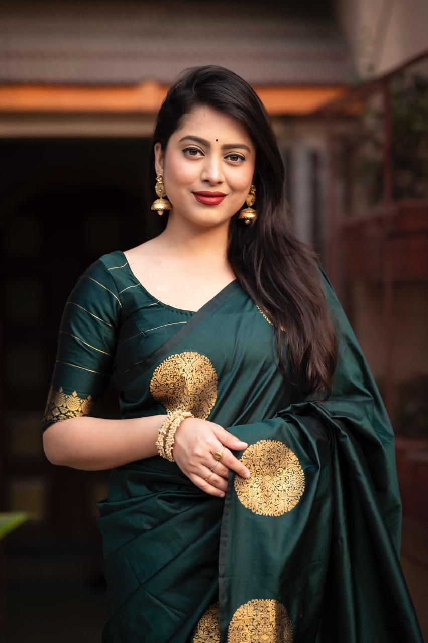 Most Dark Green Soft Silk Saree With Glowing Blouse Piece