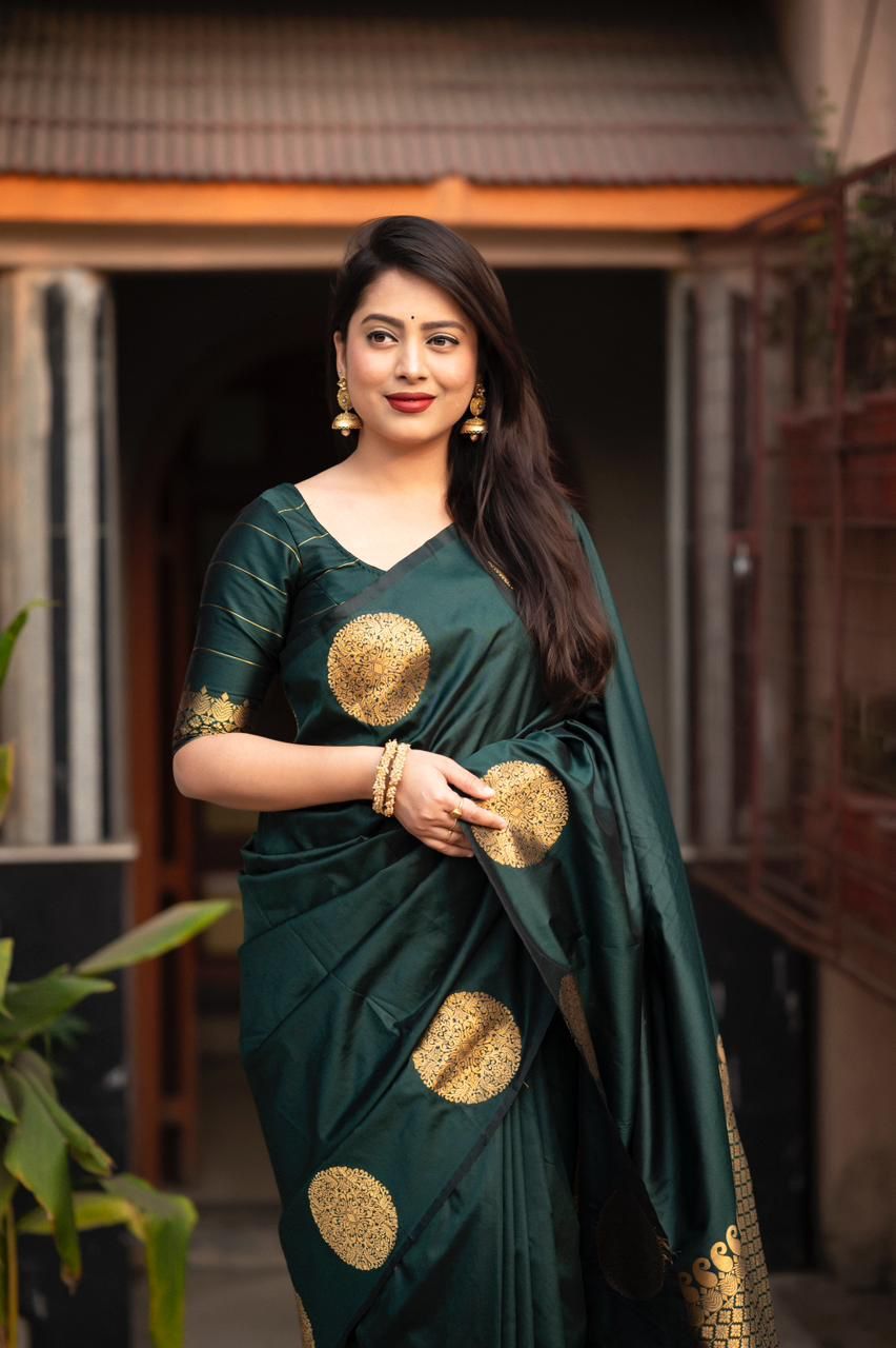 Most Dark Green Soft Silk Saree With Glowing Blouse Piece