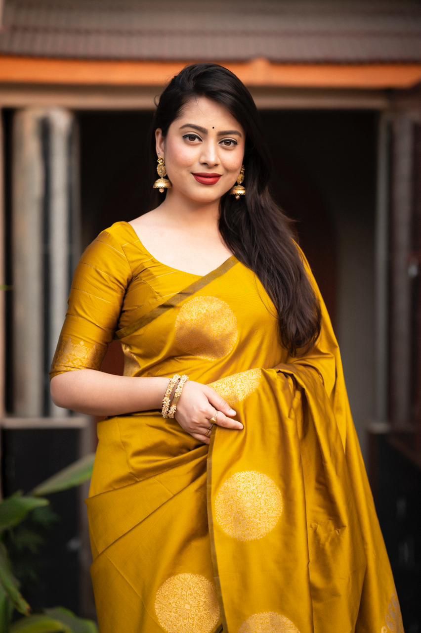 Captivating Yellow Soft Silk Saree With Felicitous Blouse Piece