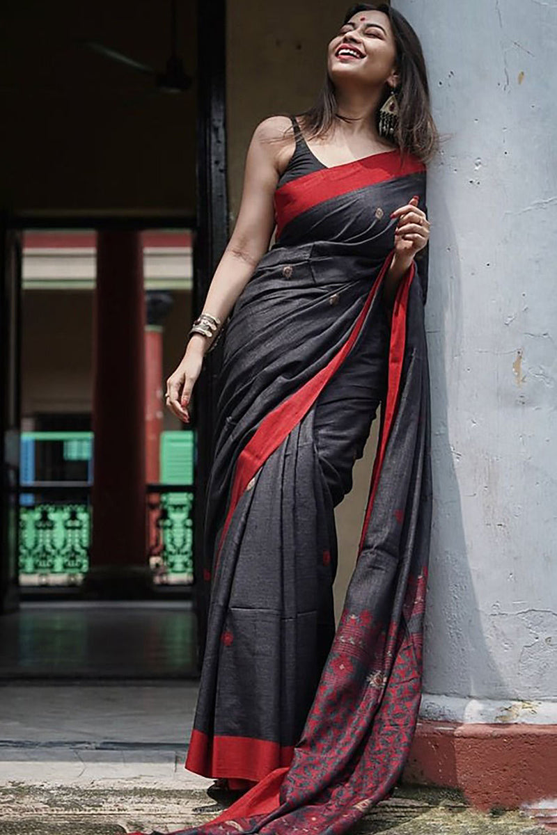 Comely Black Cotton Silk Saree With Resplendent Blouse Piece