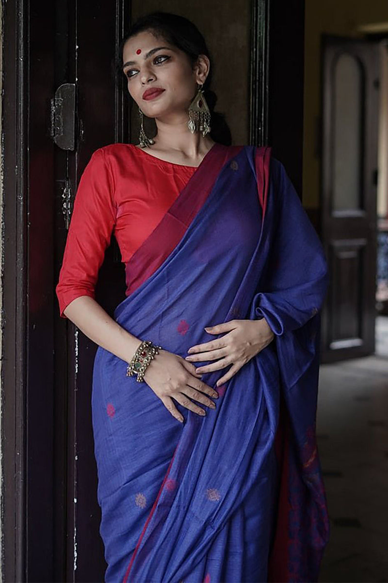 Deserving Blue Cotton Silk Saree With Winsome Blouse Piece