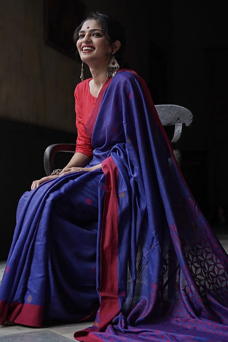 Deserving Blue Cotton Silk Saree With Winsome Blouse Piece