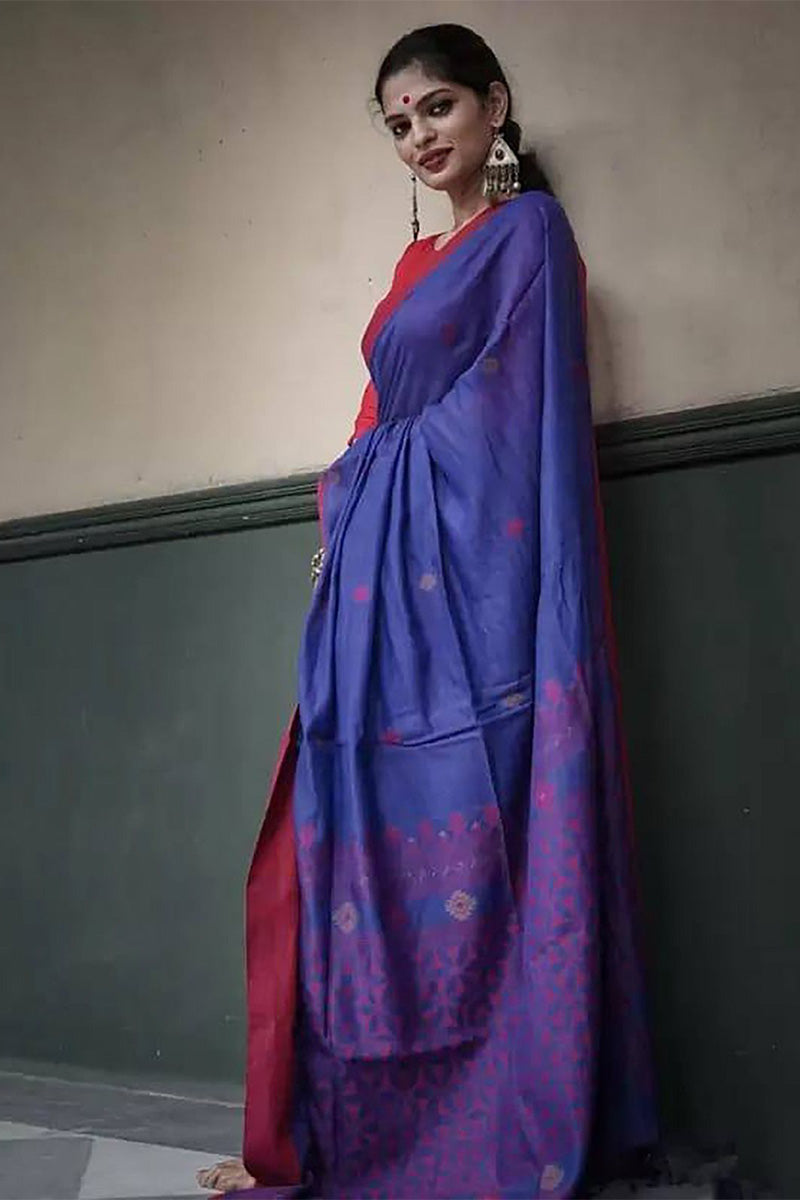 Deserving Blue Cotton Silk Saree With Winsome Blouse Piece