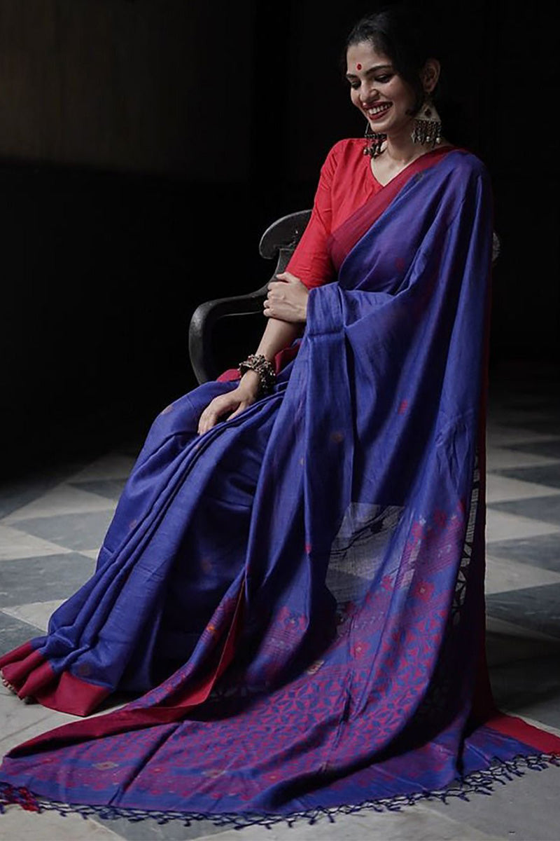 Deserving Blue Cotton Silk Saree With Winsome Blouse Piece