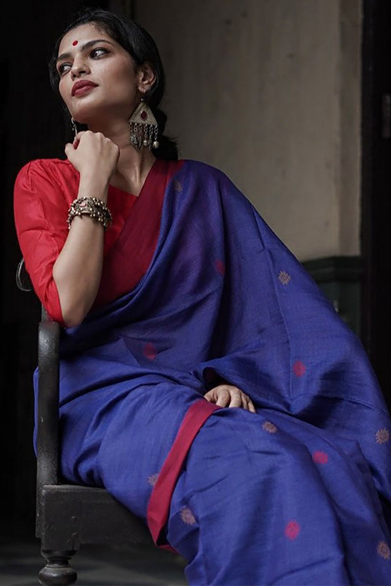 Deserving Blue Cotton Silk Saree With Winsome Blouse Piece