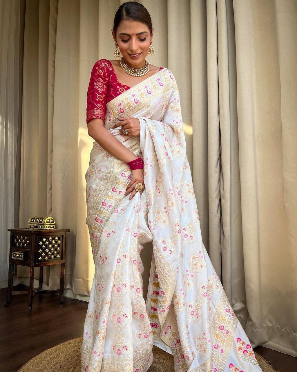 Wonderful Off White Soft Silk Saree With Vivacious Blouse Piece