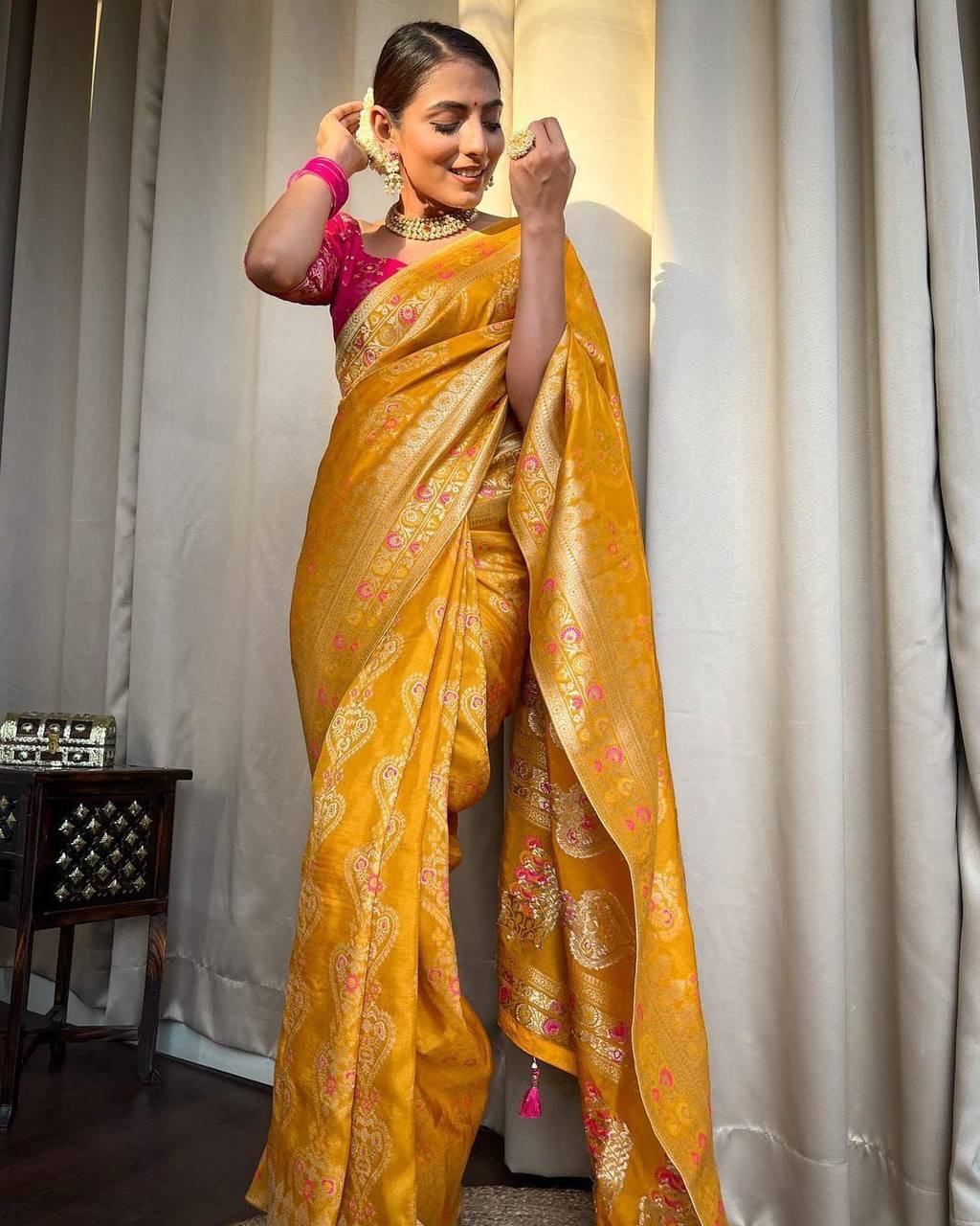 Sensational Yellow Soft Silk Saree With A Blouse Piece