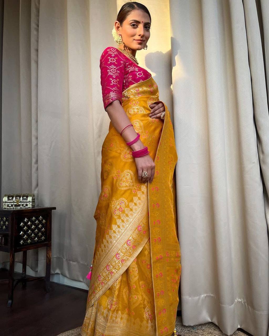 Sensational Yellow Soft Silk Saree With A Blouse Piece