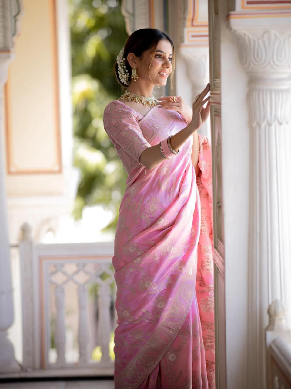 Demure Baby Pink Soft Silk Saree With Beautiful Blouse Piece