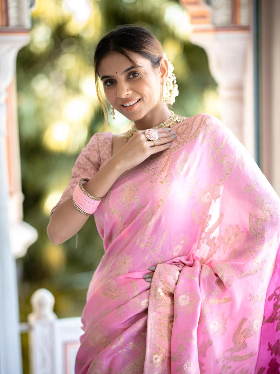 Demure Baby Pink Soft Silk Saree With Beautiful Blouse Piece