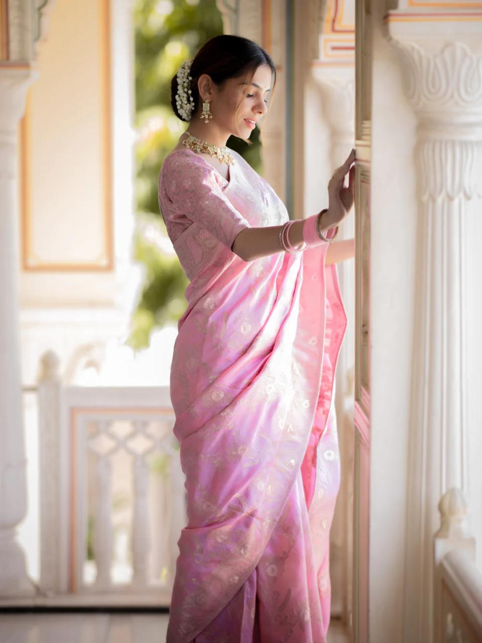 Demure Baby Pink Soft Silk Saree With Beautiful Blouse Piece