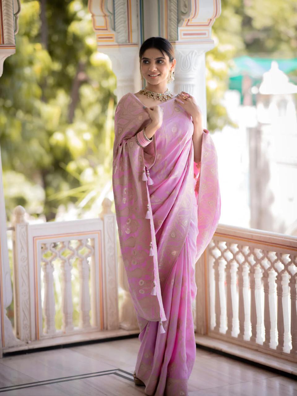 Demure Baby Pink Soft Silk Saree With Beautiful Blouse Piece