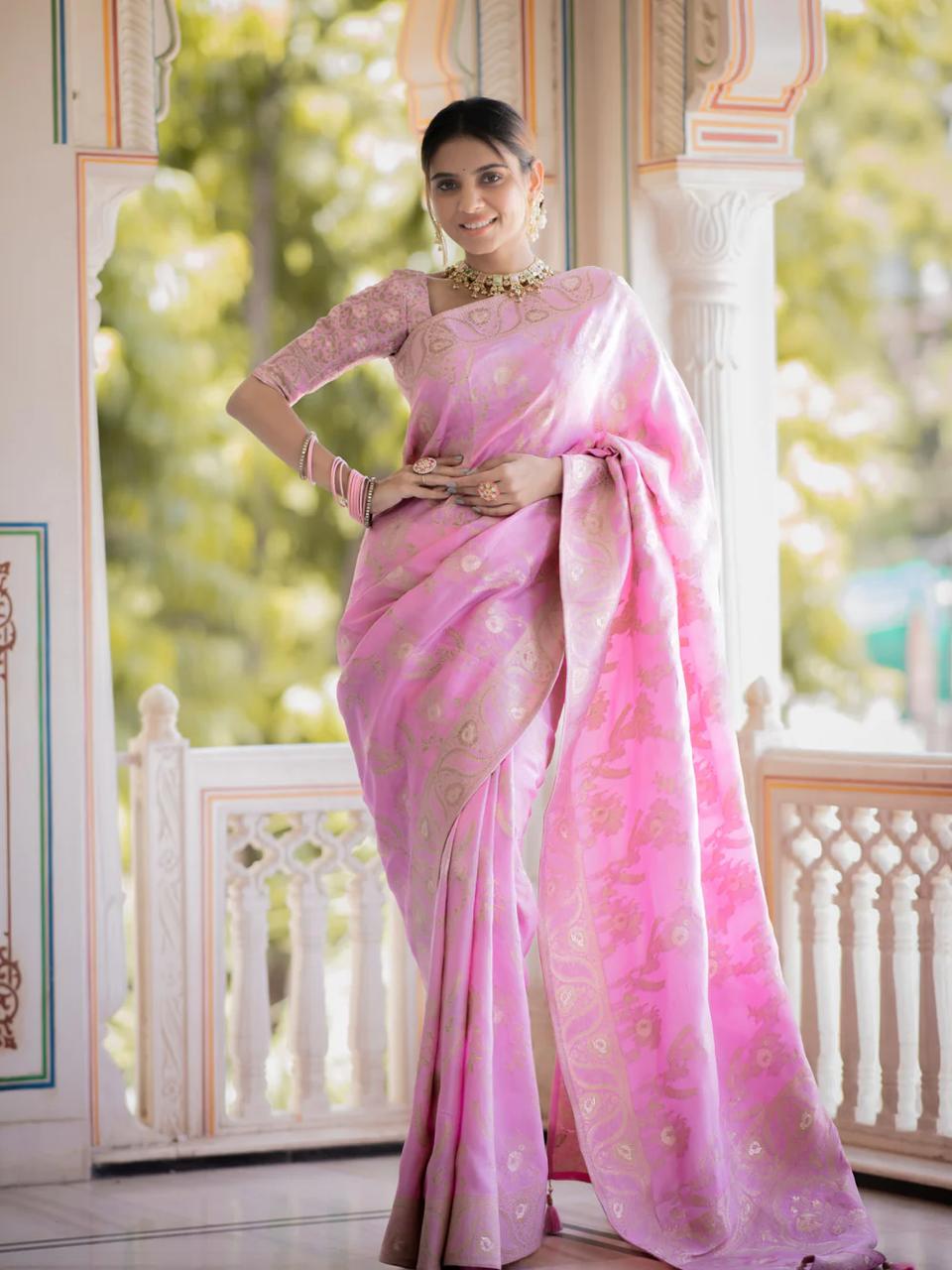 Demure Baby Pink Soft Silk Saree With Beautiful Blouse Piece