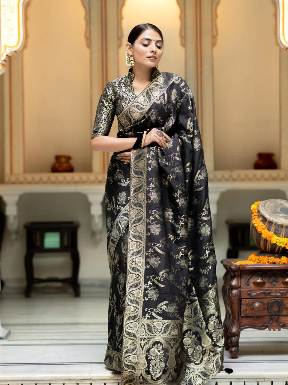 Diaphanous Black Soft Silk Saree With Twirling Blouse Piece