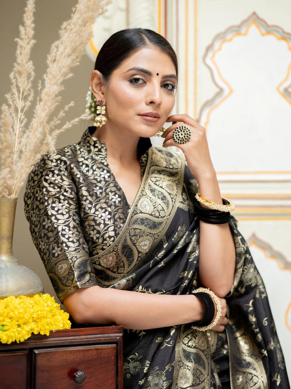 Diaphanous Black Soft Silk Saree With Twirling Blouse Piece