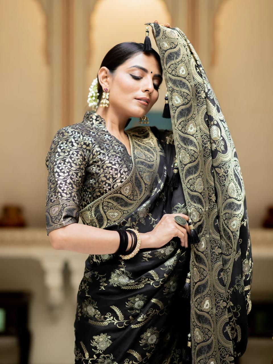 Diaphanous Black Soft Silk Saree With Twirling Blouse Piece