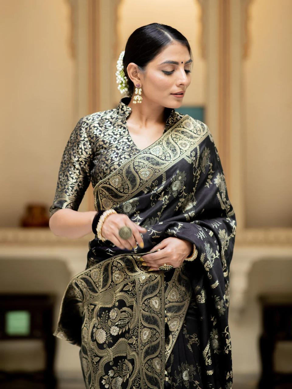 Diaphanous Black Soft Silk Saree With Twirling Blouse Piece