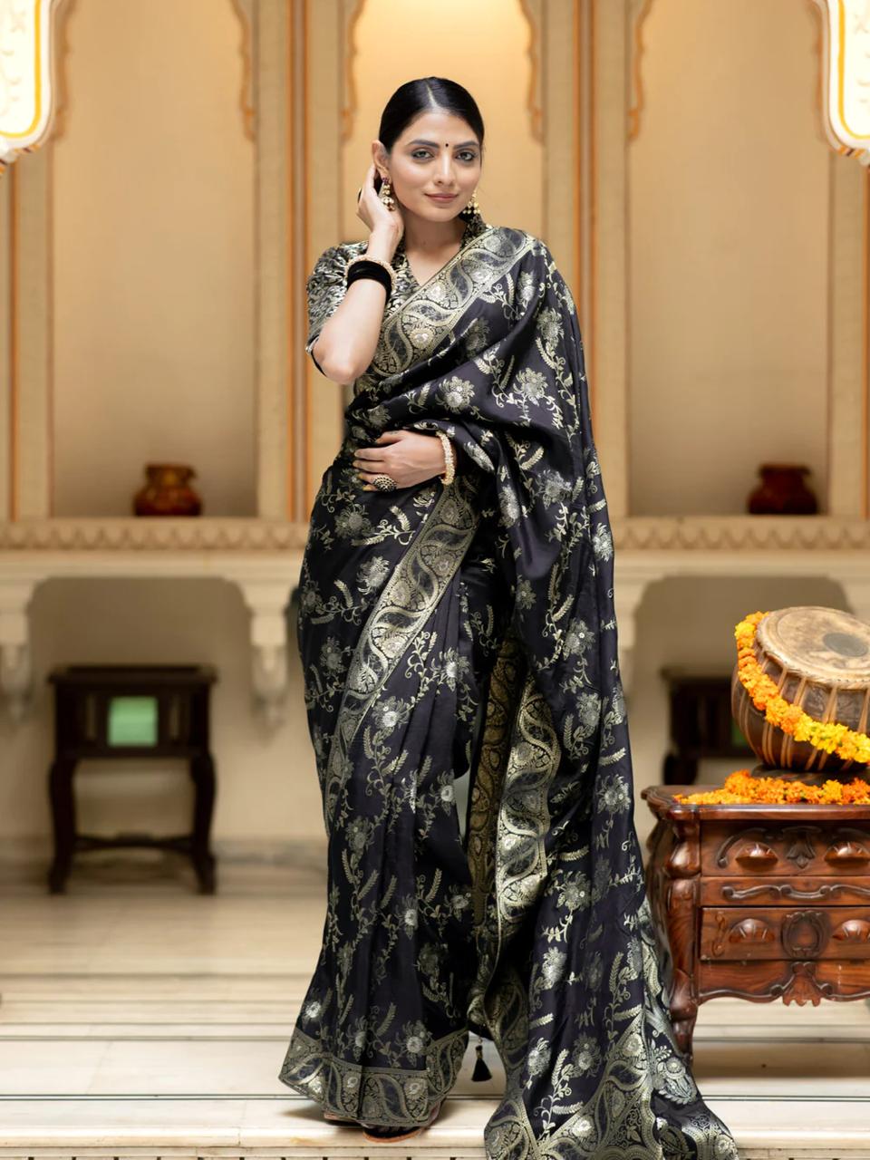 Diaphanous Black Soft Silk Saree With Twirling Blouse Piece