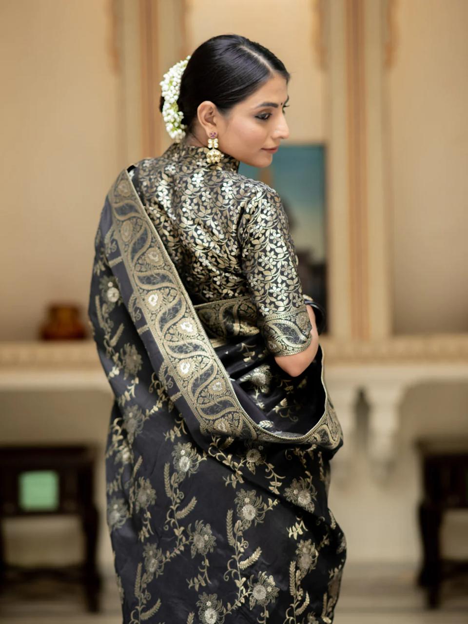 Diaphanous Black Soft Silk Saree With Twirling Blouse Piece