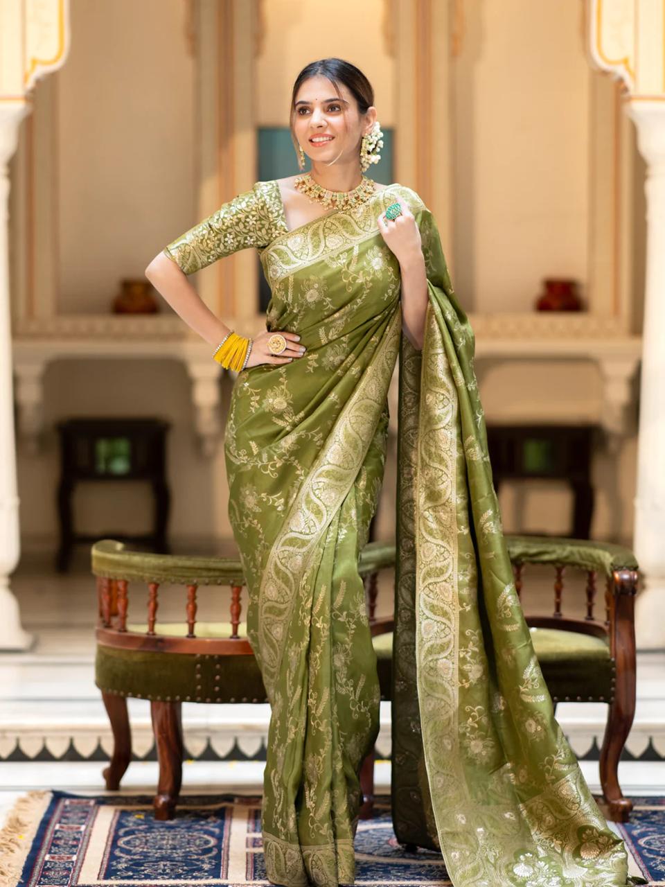 Energetic Mehndi Soft Silk Saree With Nebula Blouse Piece