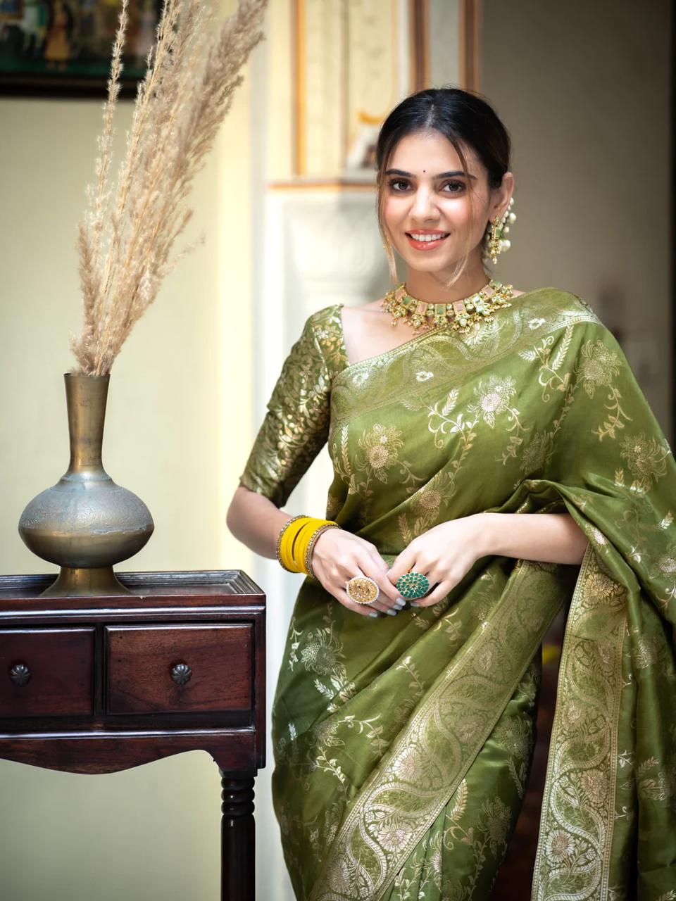 Energetic Mehndi Soft Silk Saree With Nebula Blouse Piece