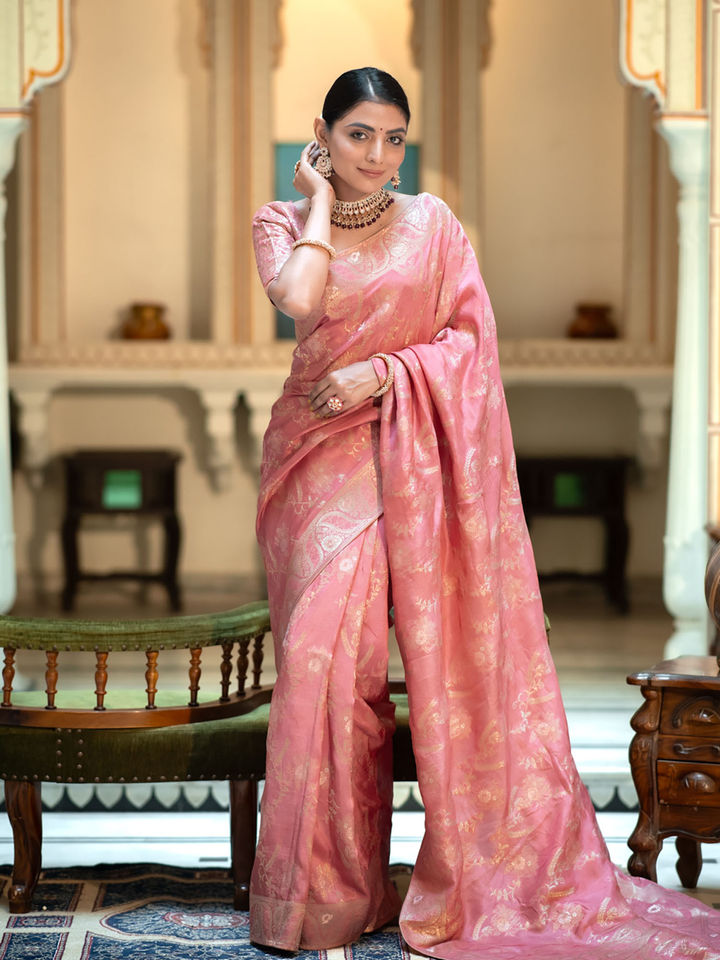 Redolent Peach Soft Silk Saree With Charismatic Blouse Piece