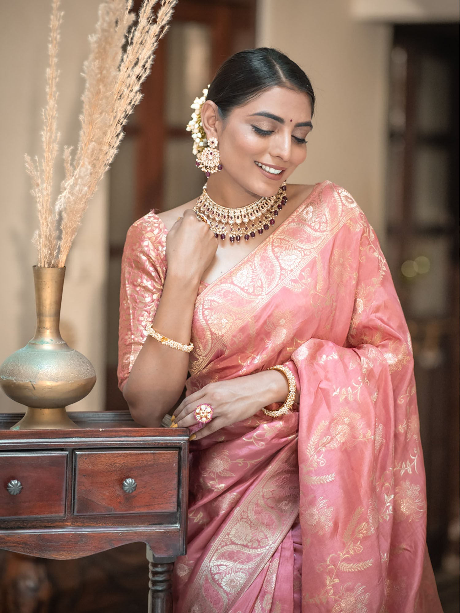 Redolent Peach Soft Silk Saree With Charismatic Blouse Piece